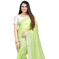 Women's Cotton Silk Embroidered Saree With Unstitched Blouse 5.5Mtr (Light Green) - Light Green