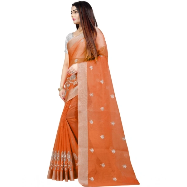 Women's Cotton Silk Embroidered Saree With Unstitched Blouse 5.5Mtr (Orange) - Orange