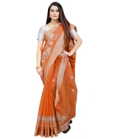 Women's Cotton Silk Embroidered Saree With Unstitched Blouse 5.5Mtr (Orange) - Orange
