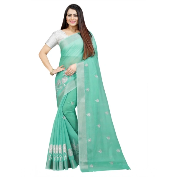 Women's Cotton Silk Embroidered Saree With Unstitched Blouse 5.5Mtr (Light Green) - Light Green