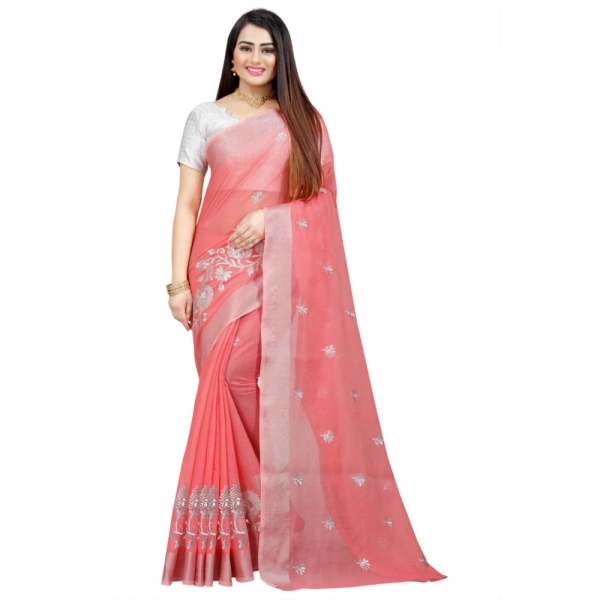 Women's Cotton Silk Embroidered Saree With Unstitched Blouse 5.5Mtr (Pink) - Pink