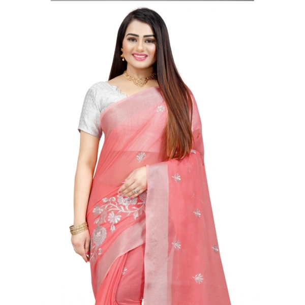 Women's Cotton Silk Embroidered Saree With Unstitched Blouse 5.5Mtr (Pink) - Pink