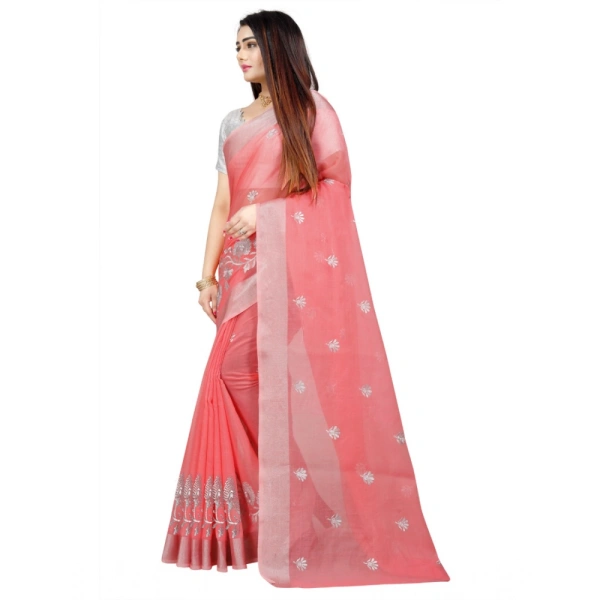 Women's Cotton Silk Embroidered Saree With Unstitched Blouse 5.5Mtr (Pink) - Pink