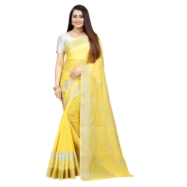 Women's Cotton Silk Embroidered Saree With Unstitched Blouse 5.5Mtr (Yellow) - Yellow