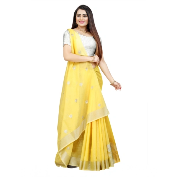 Women's Cotton Silk Embroidered Saree With Unstitched Blouse 5.5Mtr (Yellow) - Yellow