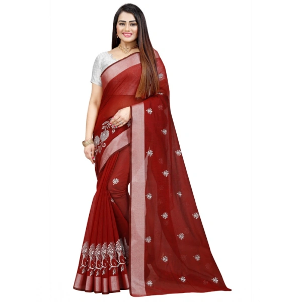 Women's Cotton Silk Embroidered Saree With Unstitched Blouse 5.5Mtr (Maroon) - Maroon