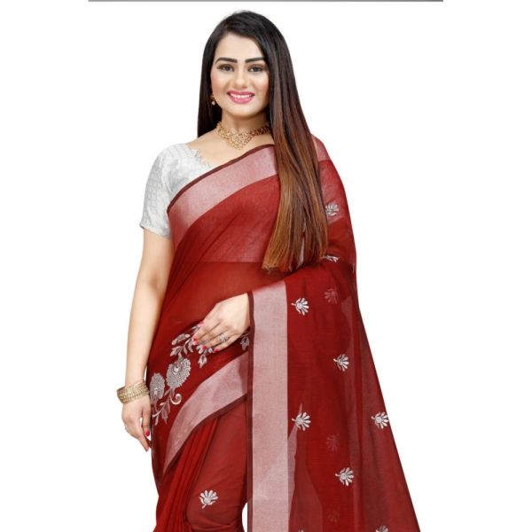 Women's Cotton Silk Embroidered Saree With Unstitched Blouse 5.5Mtr (Maroon) - Maroon
