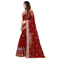 Women's Cotton Silk Embroidered Saree With Unstitched Blouse 5.5Mtr (Maroon) - Maroon