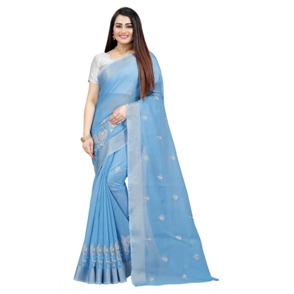 Women's Cotton Silk Embroidered Saree With Unstitched Blouse 5.5Mtr (Light Blue) - Light Blue