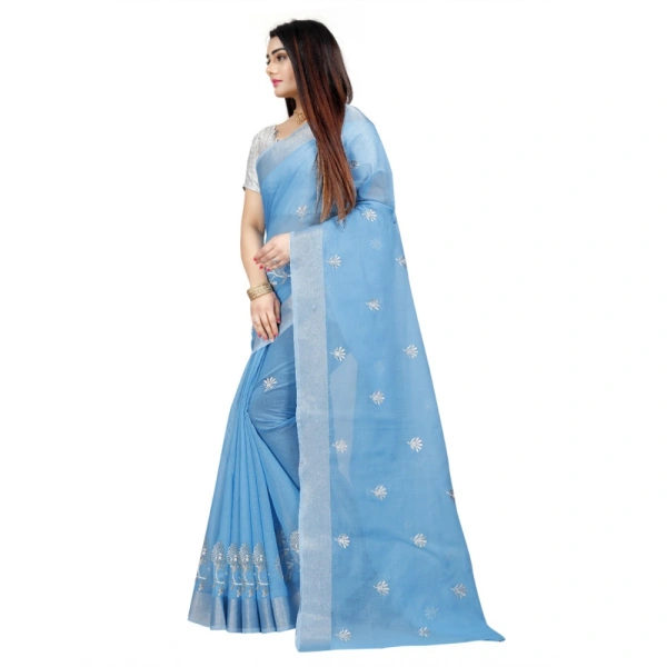 Women's Cotton Silk Embroidered Saree With Unstitched Blouse 5.5Mtr (Light Blue) - Light Blue