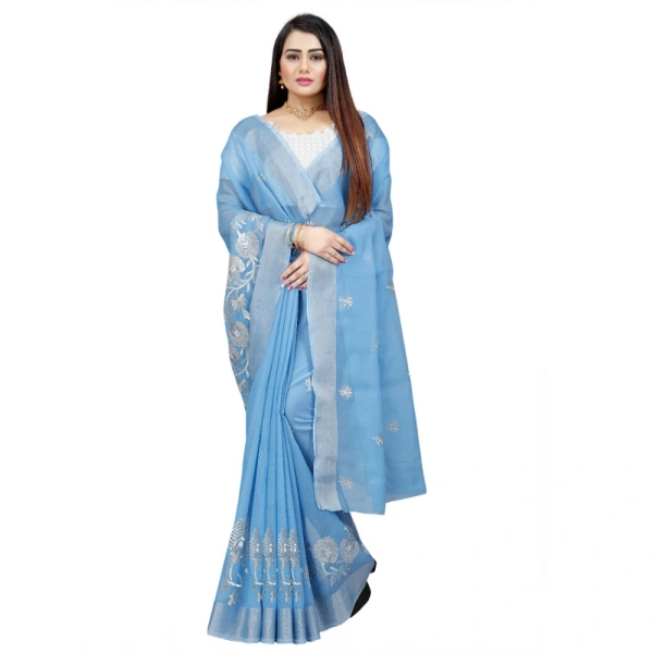 Women's Cotton Silk Embroidered Saree With Unstitched Blouse 5.5Mtr (Light Blue) - Light Blue