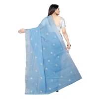 Women's Cotton Silk Embroidered Saree With Unstitched Blouse 5.5Mtr (Light Blue) - Light Blue