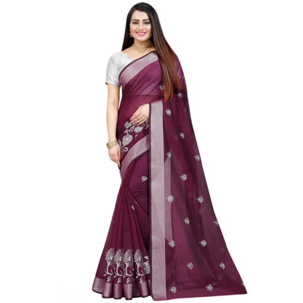 Women's Cotton Silk Embroidered Saree With Unstitched Blouse 5.5Mtr (Purple) - Purple