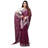 Women's Cotton Silk Embroidered Saree With Unstitched Blouse 5.5Mtr (Purple) - Purple