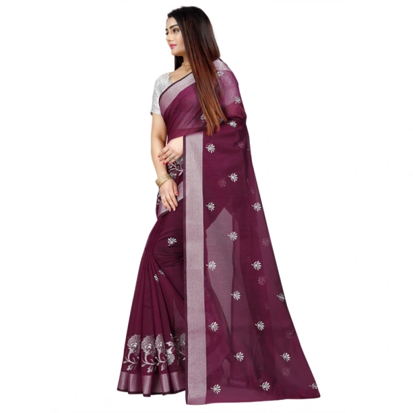 Women's Cotton Silk Embroidered Saree With Unstitched Blouse 5.5Mtr (Purple) - Purple