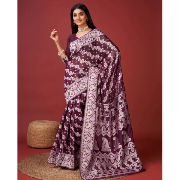 Generic Women's Cotton Silk Printed Saree With Unstitched Blouse 5.5Mtr (Purple) - Purple
