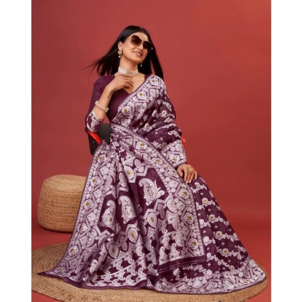 Generic Women's Cotton Silk Printed Saree With Unstitched Blouse 5.5Mtr (Purple) - Purple