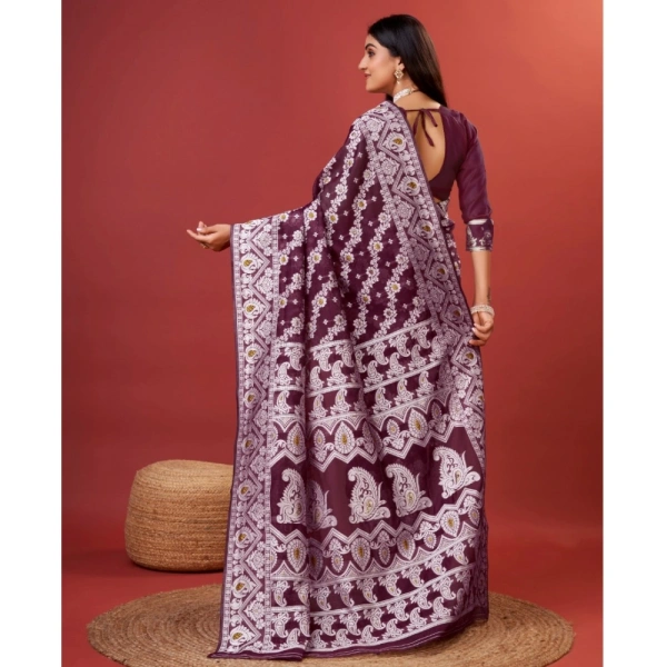 Generic Women's Cotton Silk Printed Saree With Unstitched Blouse 5.5Mtr (Purple) - Purple