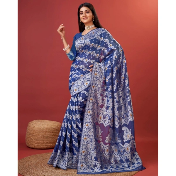 Generic Women's Cotton Silk Printed Saree With Unstitched Blouse 5.5Mtr (Blue) - Blue