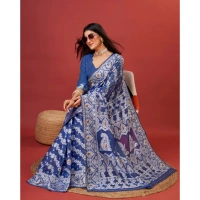 Generic Women's Cotton Silk Printed Saree With Unstitched Blouse 5.5Mtr (Blue) - Blue