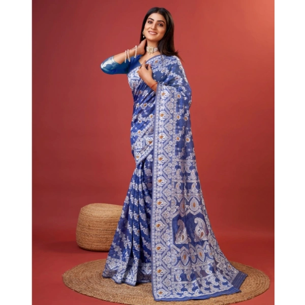 Generic Women's Cotton Silk Printed Saree With Unstitched Blouse 5.5Mtr (Blue) - Blue