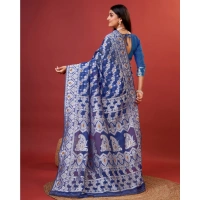 Generic Women's Cotton Silk Printed Saree With Unstitched Blouse 5.5Mtr (Blue) - Blue
