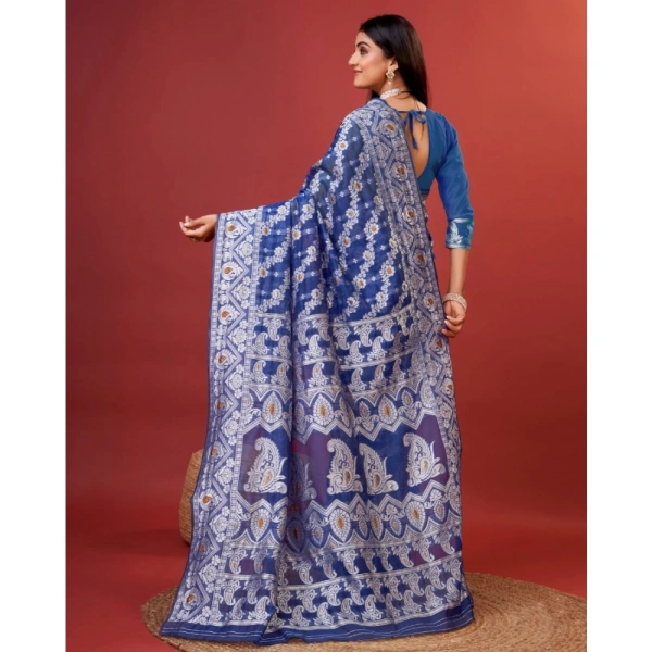 Generic Women's Cotton Silk Printed Saree With Unstitched Blouse 5.5Mtr (Blue) - Blue