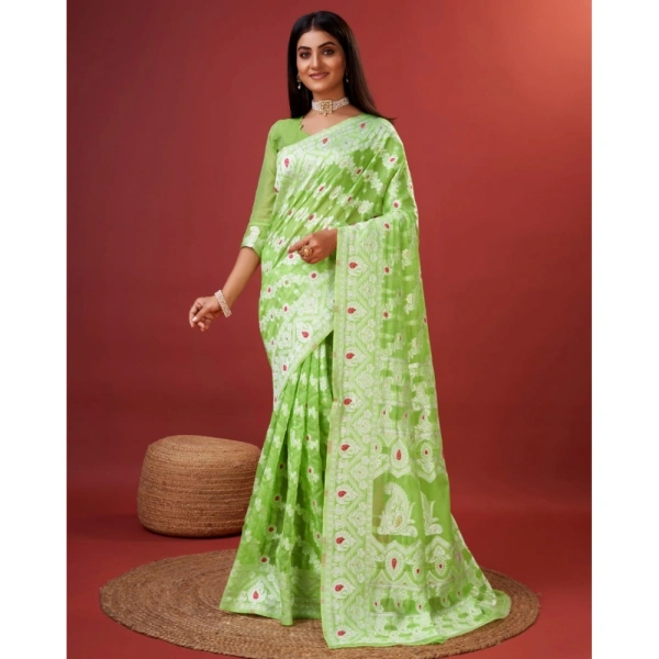Generic Women's Cotton Silk Printed Saree With Unstitched Blouse 5.5Mtr (Light Green) - Light Green
