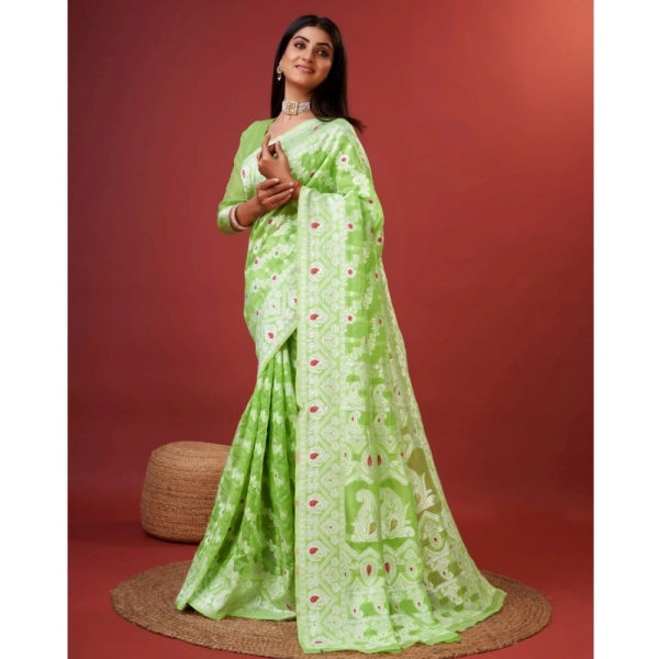 Generic Women's Cotton Silk Printed Saree With Unstitched Blouse 5.5Mtr (Light Green) - Light Green