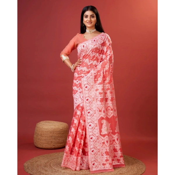 Generic Women's Cotton Silk Printed Saree With Unstitched Blouse 5.5Mtr (Peach) - Peach