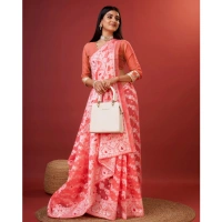 Generic Women's Cotton Silk Printed Saree With Unstitched Blouse 5.5Mtr (Peach) - Peach