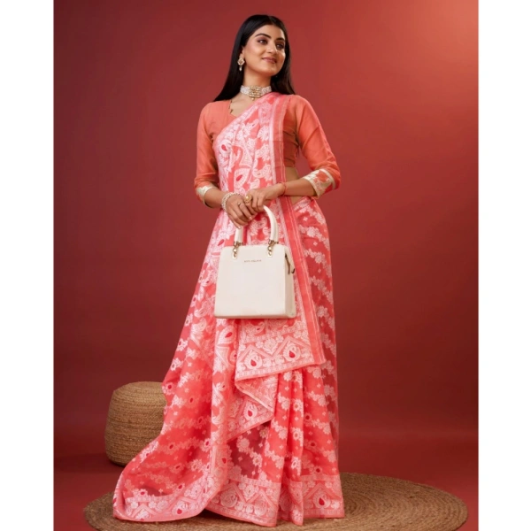 Generic Women's Cotton Silk Printed Saree With Unstitched Blouse 5.5Mtr (Peach) - Peach