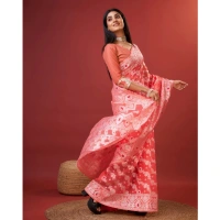 Generic Women's Cotton Silk Printed Saree With Unstitched Blouse 5.5Mtr (Peach) - Peach