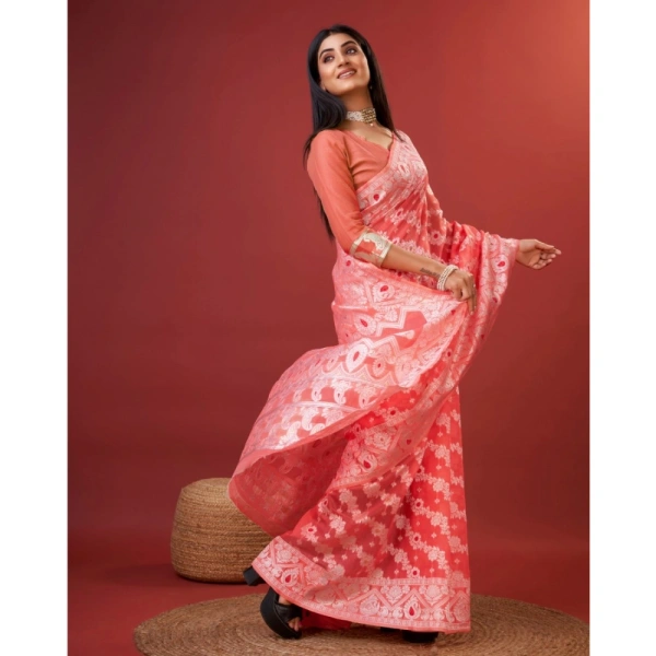 Generic Women's Cotton Silk Printed Saree With Unstitched Blouse 5.5Mtr (Peach) - Peach