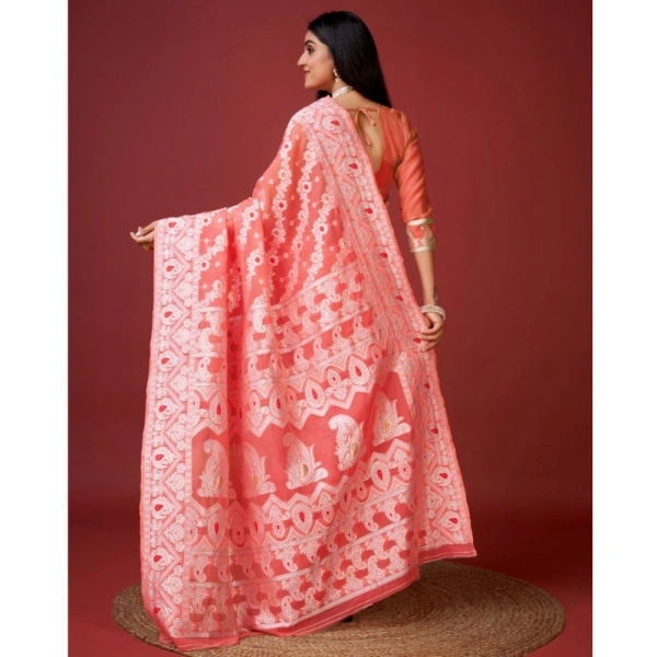 Generic Women's Cotton Silk Printed Saree With Unstitched Blouse 5.5Mtr (Peach) - Peach