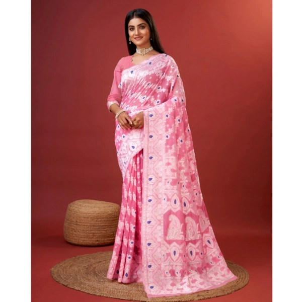 Generic Women's Cotton Silk Printed Saree With Unstitched Blouse 5.5Mtr (Pink) - Pink