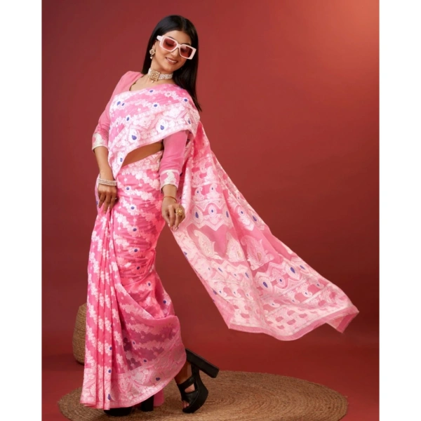 Generic Women's Cotton Silk Printed Saree With Unstitched Blouse 5.5Mtr (Pink) - Pink