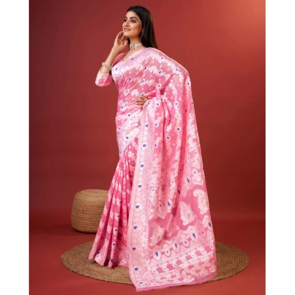 Generic Women's Cotton Silk Printed Saree With Unstitched Blouse 5.5Mtr (Pink) - Pink