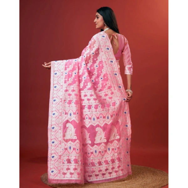 Generic Women's Cotton Silk Printed Saree With Unstitched Blouse 5.5Mtr (Pink) - Pink