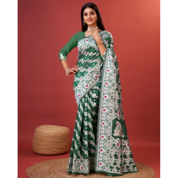 Generic Women's Cotton Silk Printed Saree With Unstitched Blouse 5.5Mtr (Green) - Green