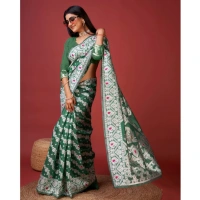 Generic Women's Cotton Silk Printed Saree With Unstitched Blouse 5.5Mtr (Green) - Green