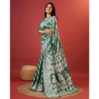 Generic Women's Cotton Silk Printed Saree With Unstitched Blouse 5.5Mtr (Green) - Green