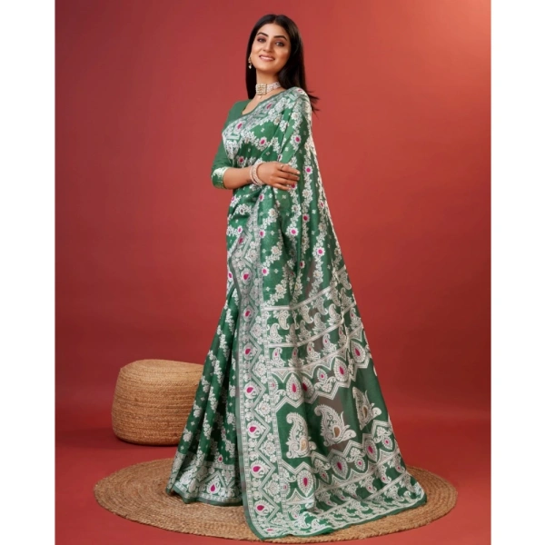 Generic Women's Cotton Silk Printed Saree With Unstitched Blouse 5.5Mtr (Green) - Green