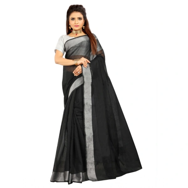 Women's Cotton Silk Self Design Saree With Unstitched Blouse 5.5Mtr (Black) - Black