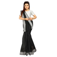 Women's Cotton Silk Self Design Saree With Unstitched Blouse 5.5Mtr (Black) - Black