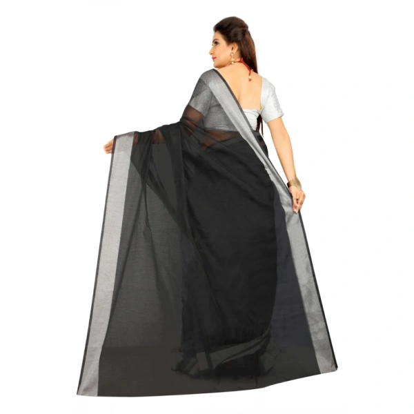 Women's Cotton Silk Self Design Saree With Unstitched Blouse 5.5Mtr (Black) - Black