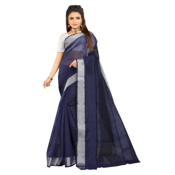 Women's Cotton Silk Self Design Saree With Unstitched Blouse 5.5Mtr (Blue) - Blue