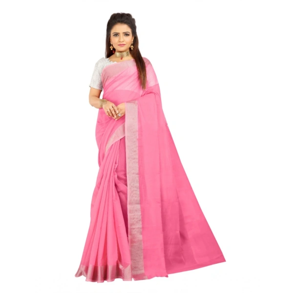 Women's Cotton Silk Self Design Saree With Unstitched Blouse 5.5Mtr (Pink) - Pink