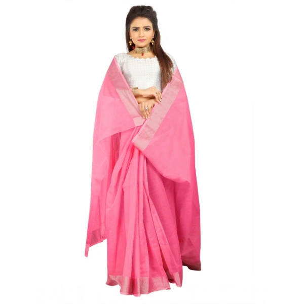 Women's Cotton Silk Self Design Saree With Unstitched Blouse 5.5Mtr (Pink) - Pink