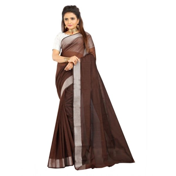 Women's Cotton Silk Self Design Saree With Unstitched Blouse 5.5Mtr (Brown) - Brown